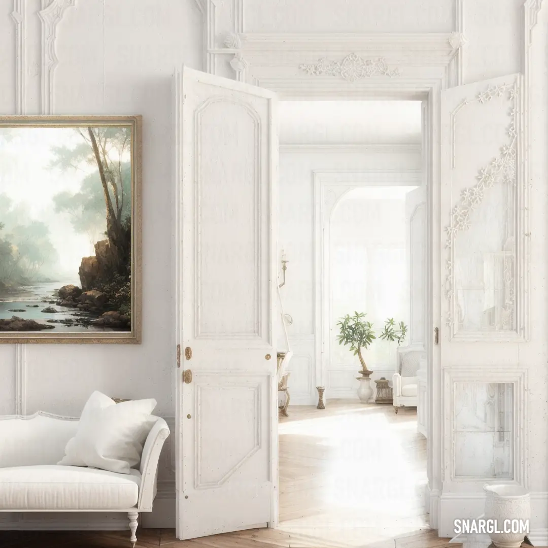 White room with a painting on the wall and a couch in the corner of the room with a painting on the wall