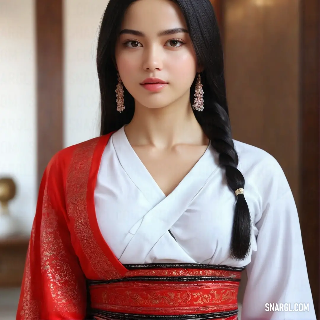 A woman in a flowing white and red dress, her long black hair cascading down as she stands with elegance. The vibrant reds and whites contrast against the soft tones around her, creating a dramatic yet graceful scene.