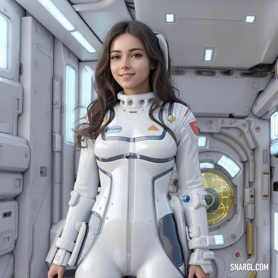 Woman in a white suit standing in a space station with a sci - fi fi fi machine in the background