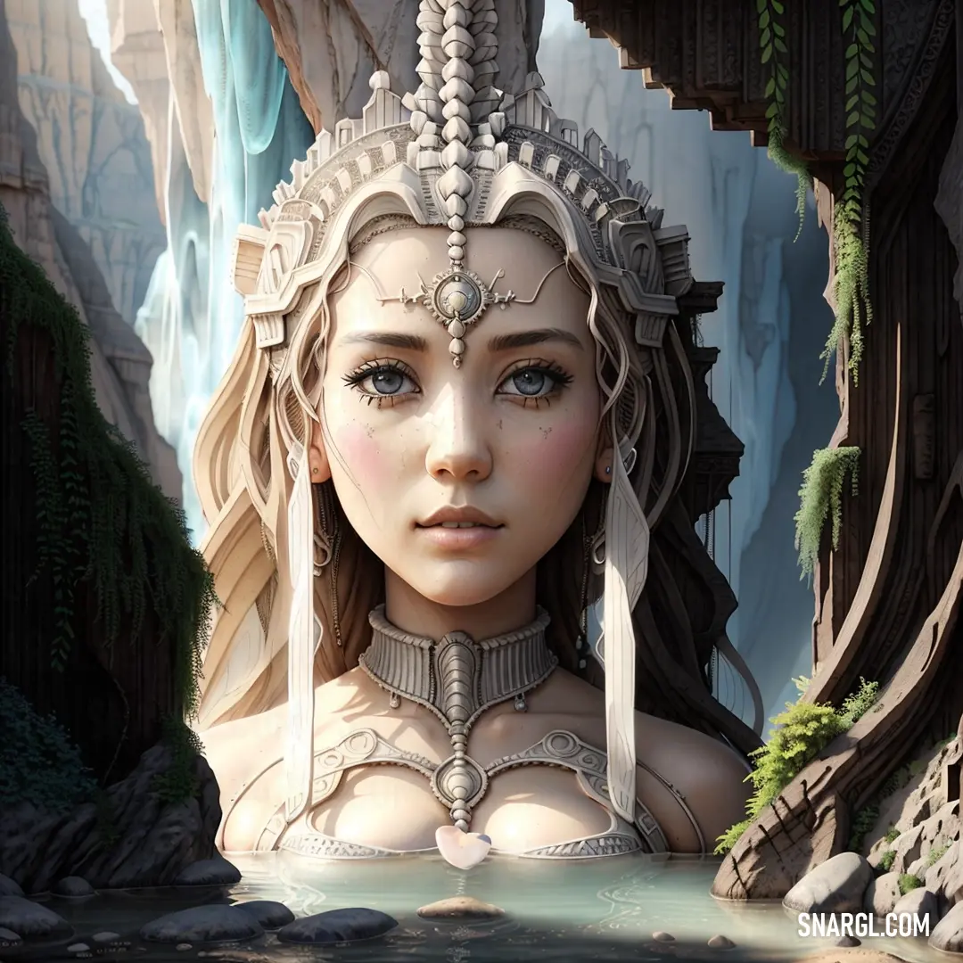Woman with a headdress and a large headdress on her head is standing in a body of water
