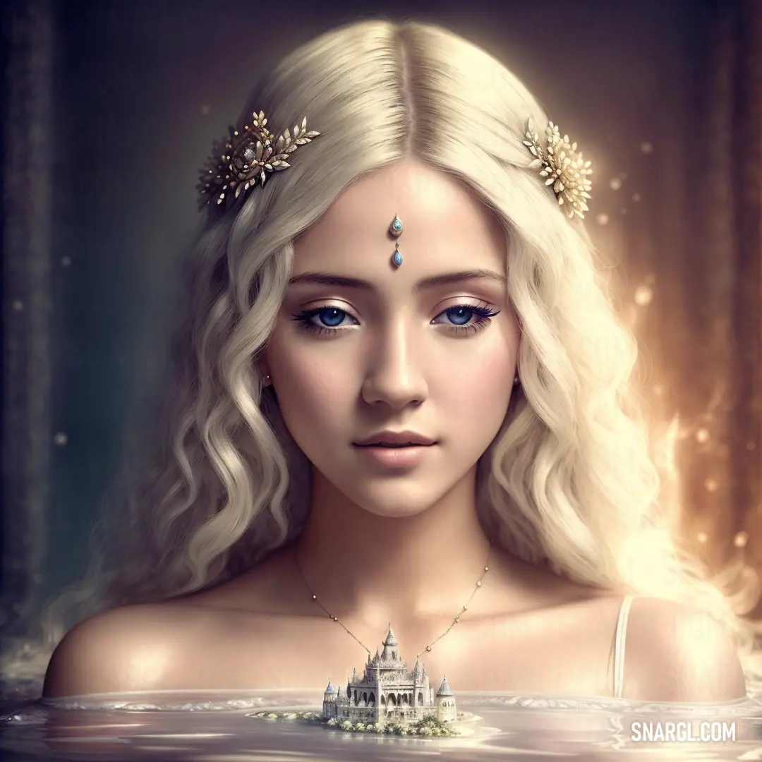 Woman with blonde hair and a tiara with a castle on it's head is standing in water