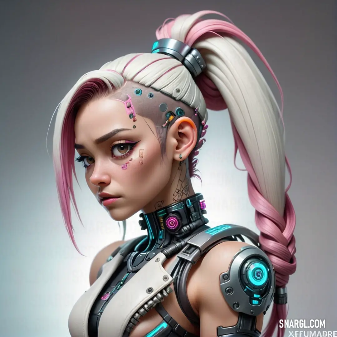 Woman with pink hair and a futuristic outfit with a ponytail and piercings on her head and a sci - fi hairstyle
