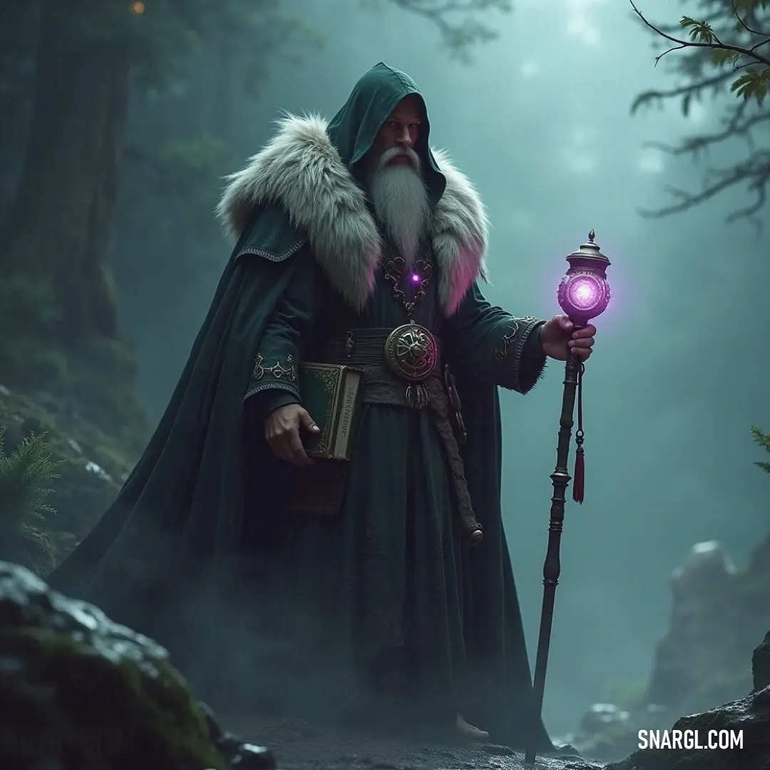 A mysterious figure in a green cloak surrounded by a magical forest at night, bathed in ethereal purple light, wielding a staff and lantern. A cloaked figure standing amidst towering trees under a starry sky, illuminating the dark forest with a soft purple glow from a mystical lantern, holding a staff symbolizing wisdom and power.