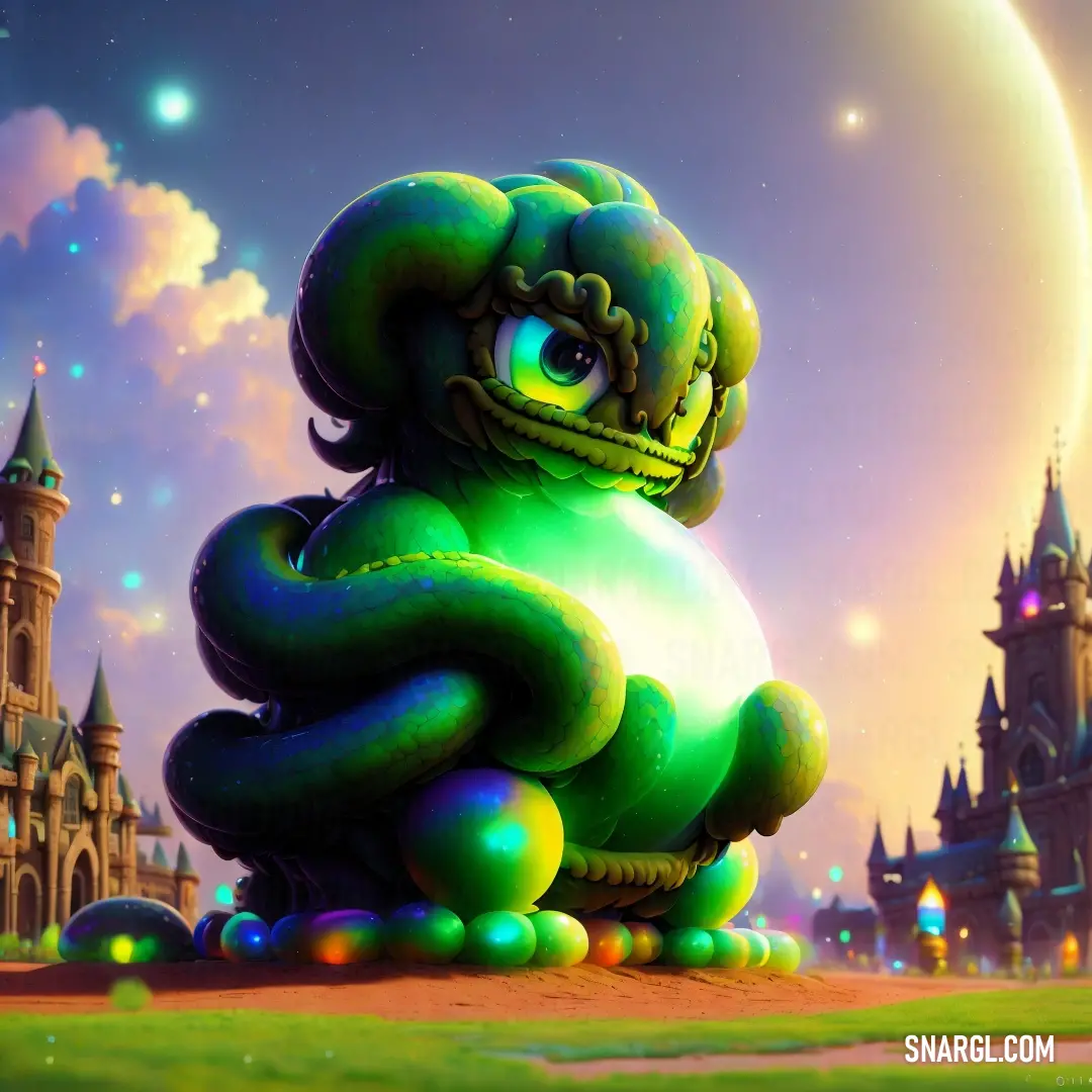 Cartoon character on a green ball in front of a castle with a moon in the background and a crescent
