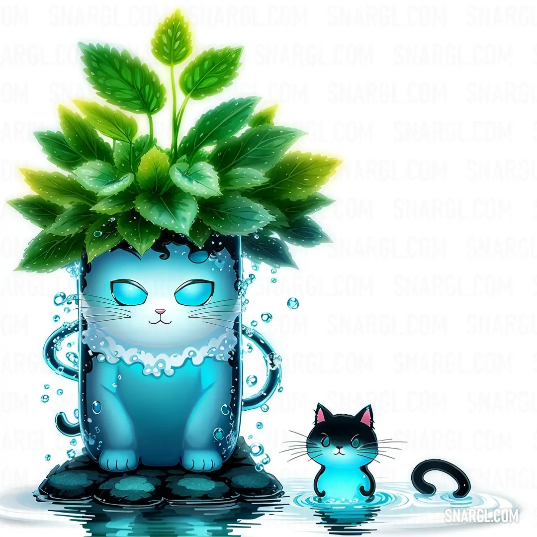 Cat and a cat plant in a vase with water and leaves on it