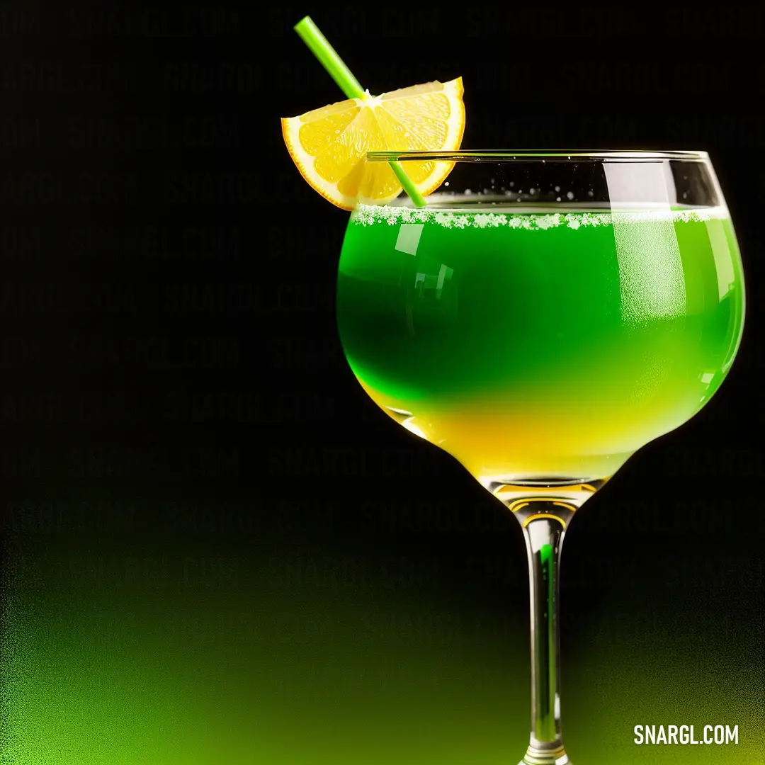 Green drink with a slice of lemon on the rim and a straw in the glass