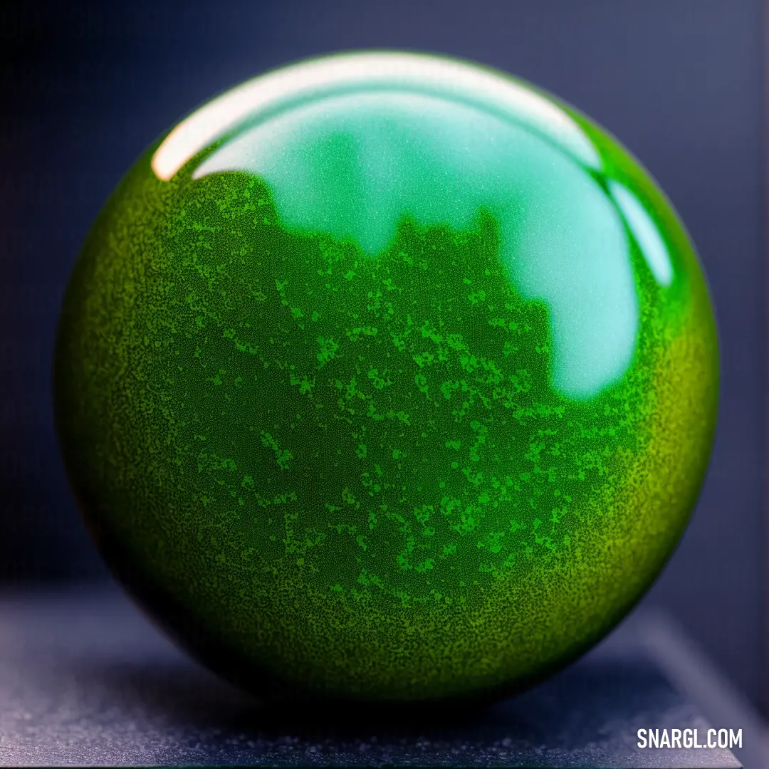 Green glass ball on a table top with a blurry background of the surface and the surface is dark