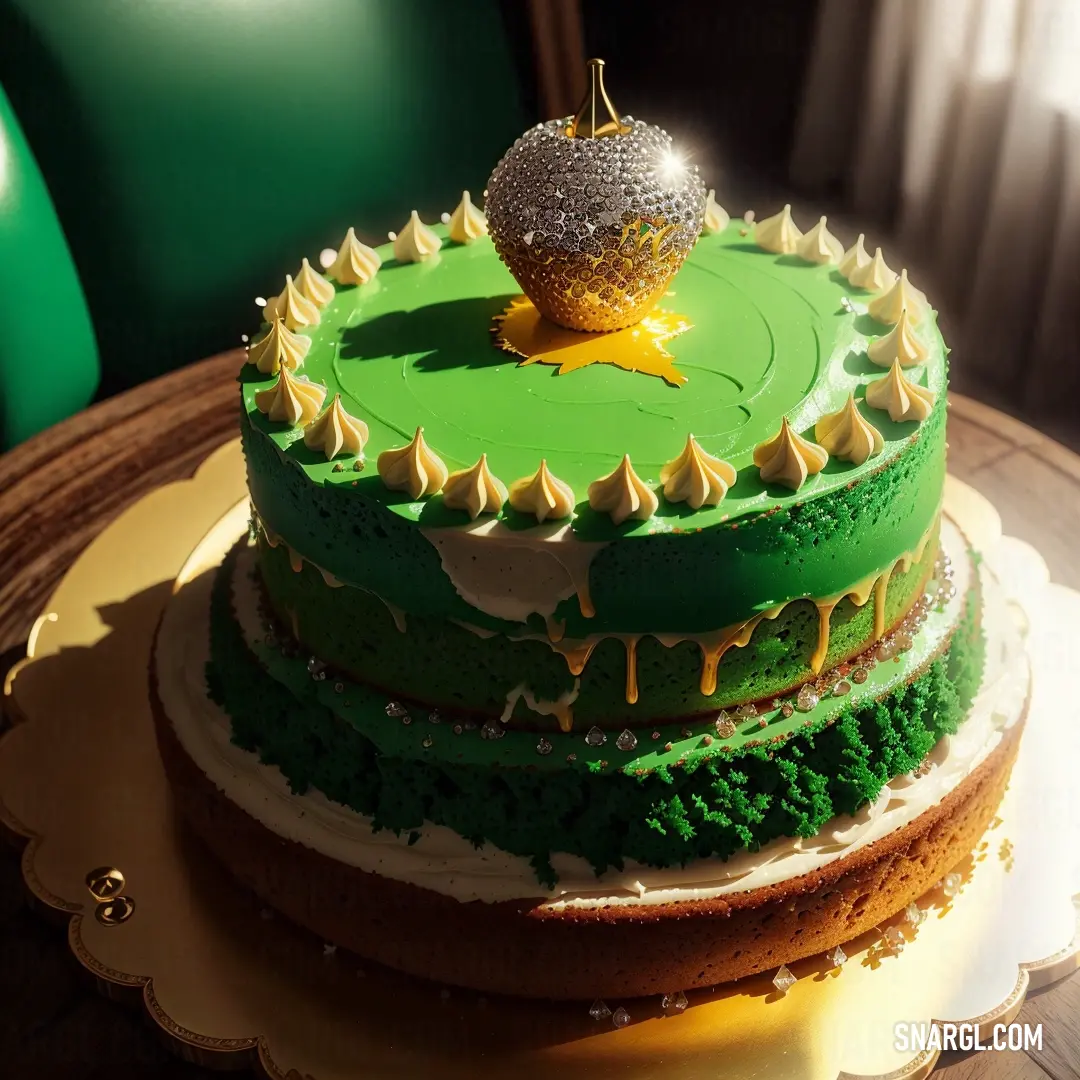 Three layer cake with a golf ball on top of it on a table with a green chair in the background