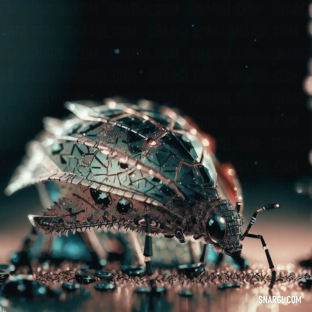 Bug that is on a table with water droplets on it's surface and a black background