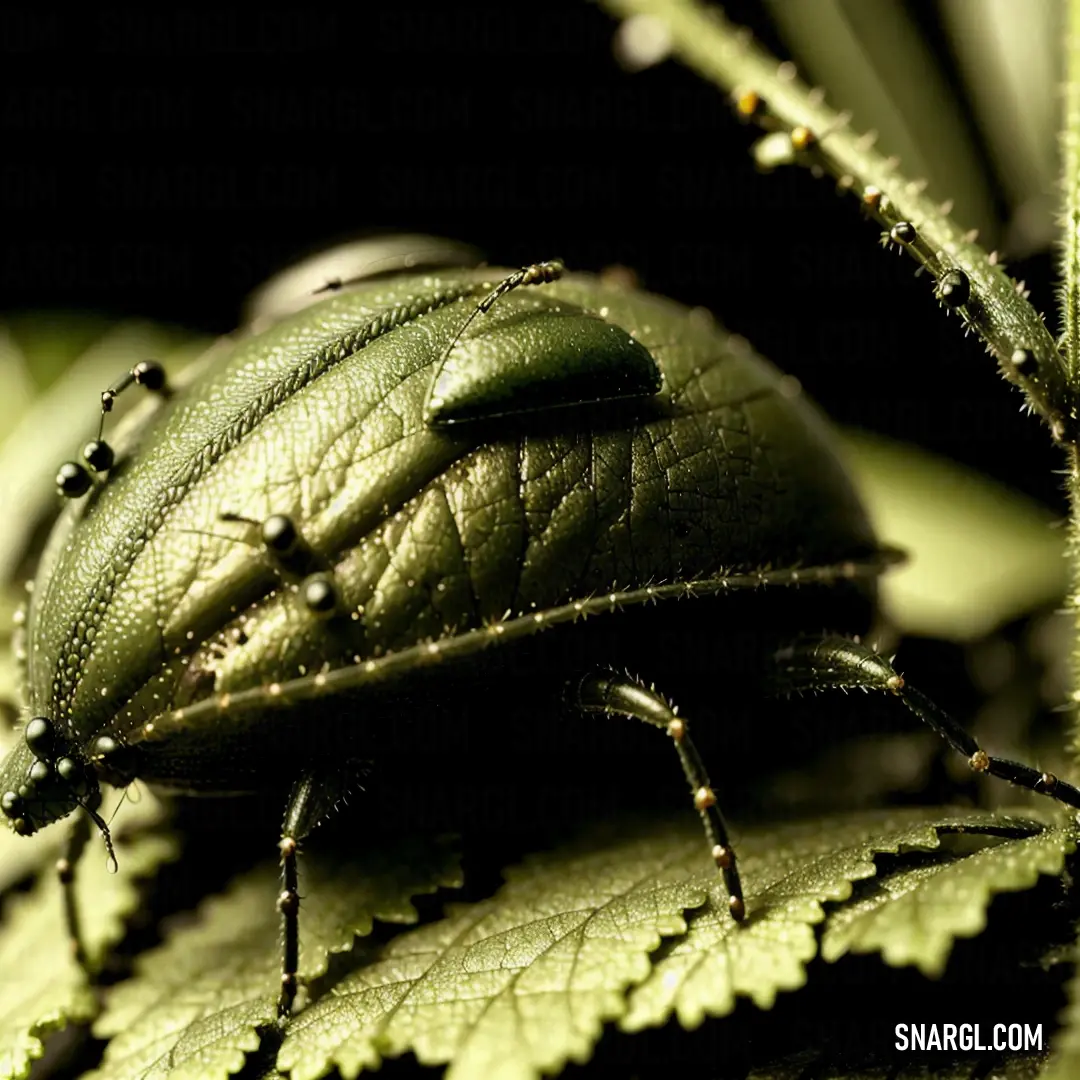 Close up of a beetle on a leaf with drops of dew on it's back end and a black background
