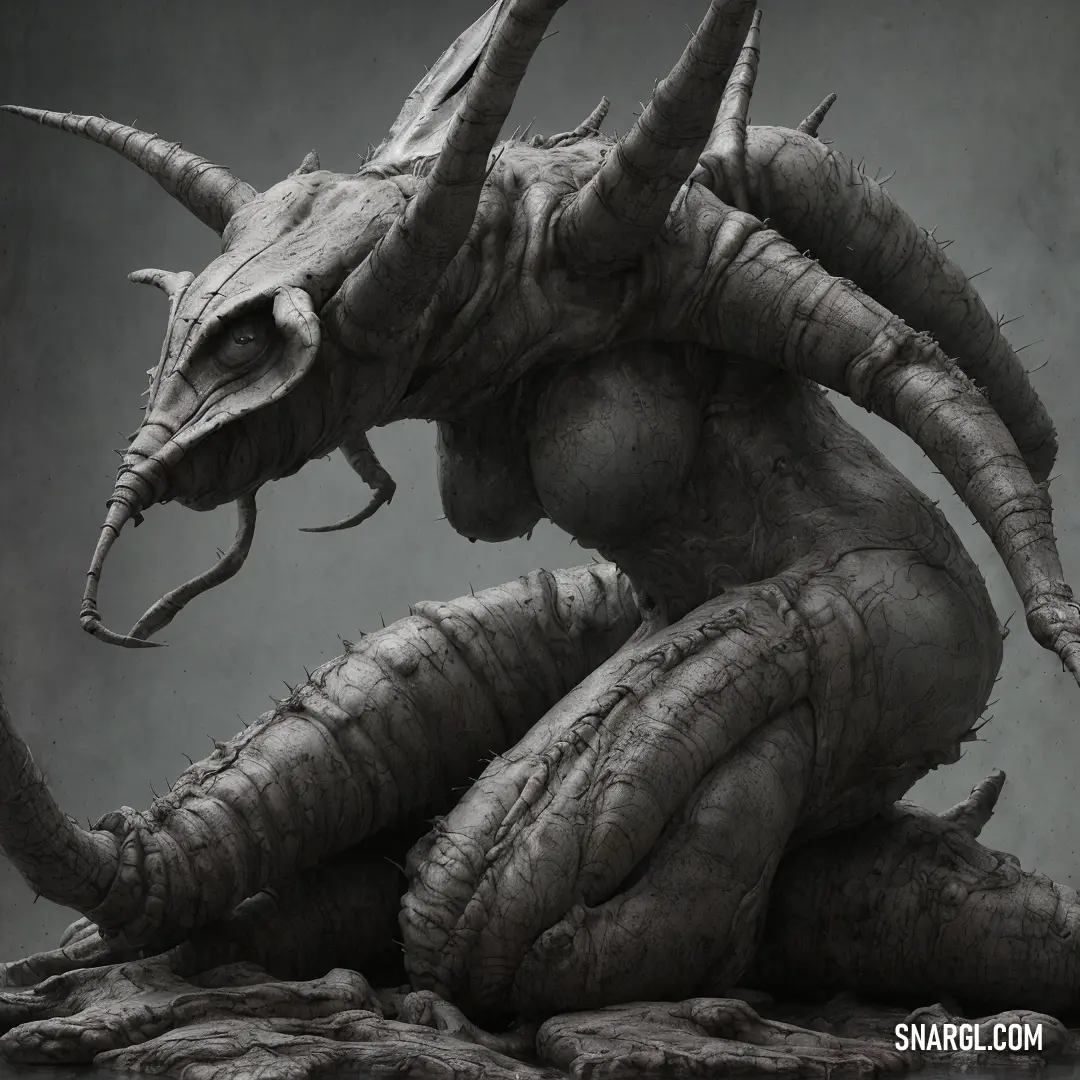 Creature with large horns and huge horns on its head on a rock with a dark background
