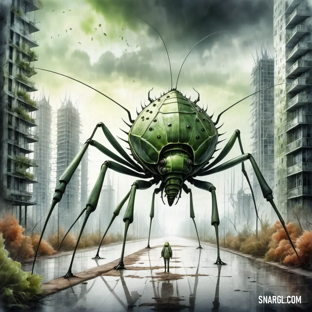 Giant green bug walking across a street next to tall buildings in the rain and a male Aphid standing in the middle of the road