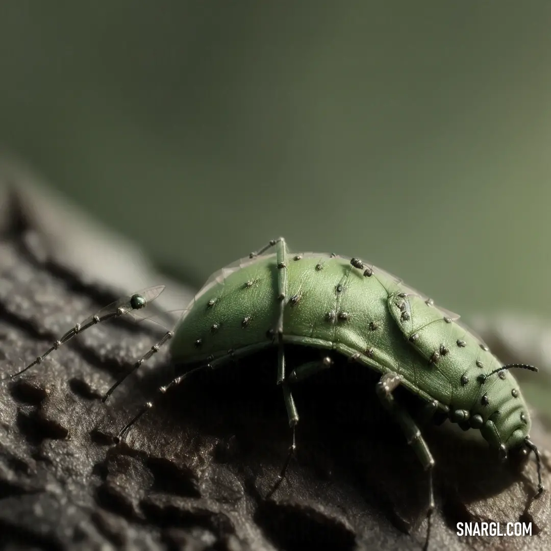 Green bug crawling on a tree branch in the forest