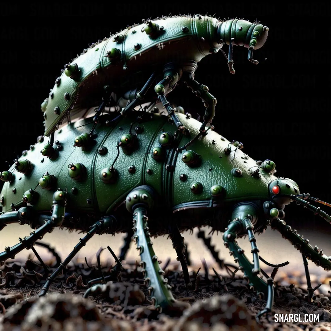 Green bug with spikes on its back legs and legs, on the ground