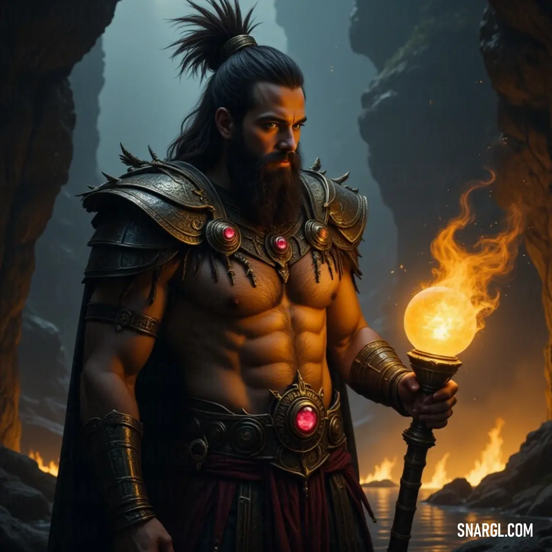 A bold warrior holding a torch aloft, embodying courage and illumination against a backdrop of mystery and adventure. A heroic figure with a strong presence stands adorned in a warrior costume, holding a torch high, illuminating the surroundings and symbolizing bravery, determination, and the pursuit of truth against an atmospheric backdrop.