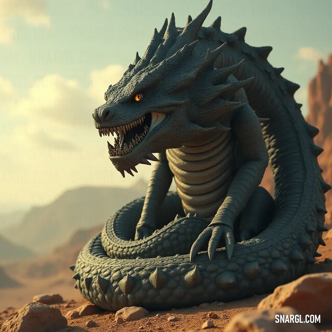 A grand statue of Apophis dominates the rocky hillside, its intimidating presence framed by a backdrop of majestic mountains. This ancient relic resonates with tales of old, inviting onlookers to uncover the legends of the desert.