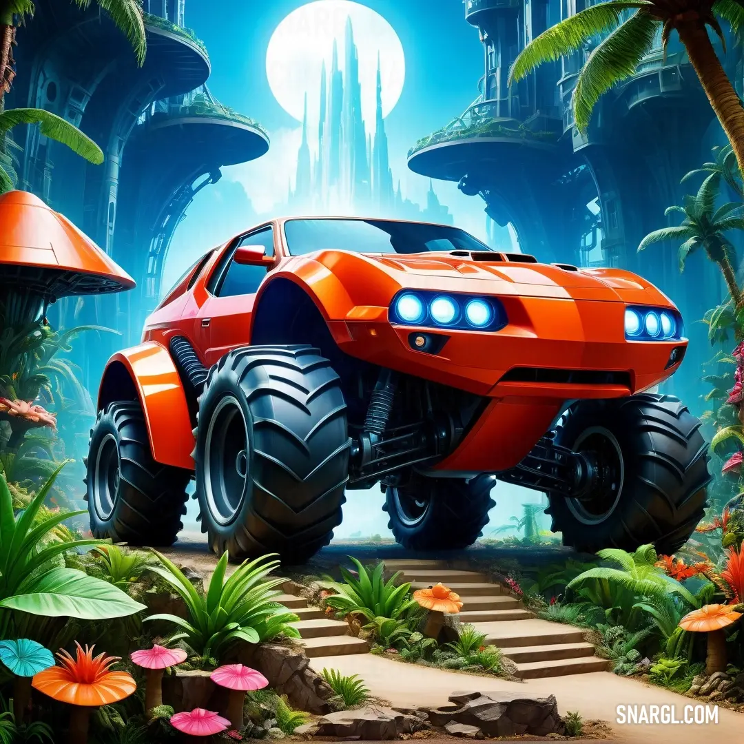 A vibrant cartoon monster truck exuberantly careening through a lush jungle, with a stunning waterfall cascading in the background, evoking excitement and adventure.