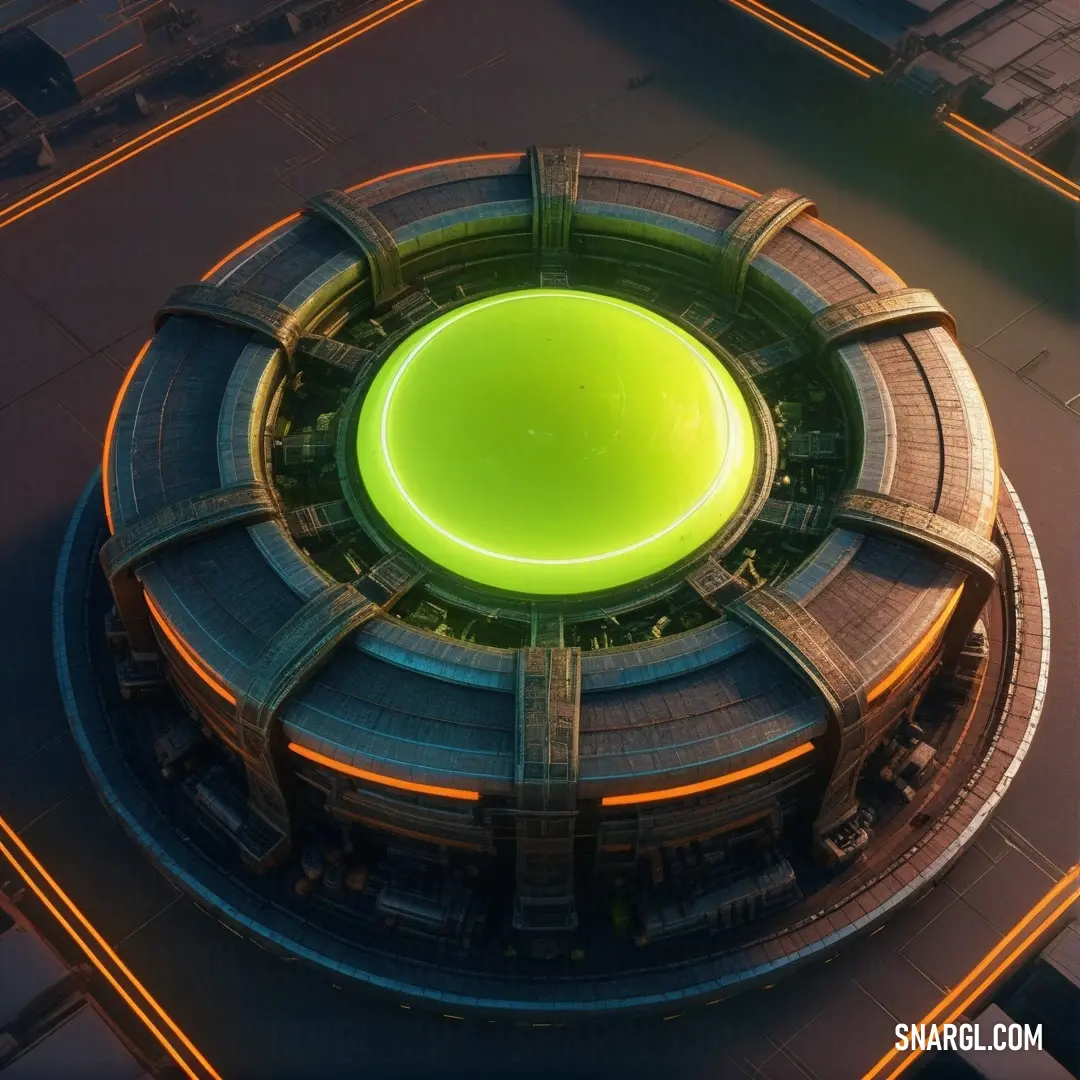 A glowing green circle sits in the center of a grand building, surrounded by dazzling lights. The warm apple green color contrasts beautifully with the architectural elements, giving the scene an ethereal and striking look.