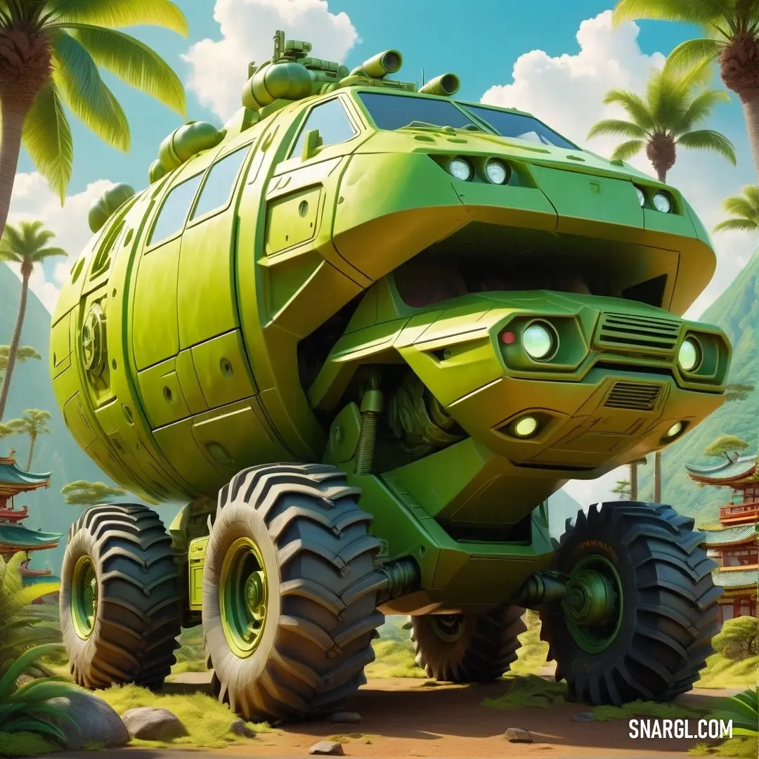 A powerful green monster truck roars through a lush jungle, pushing through palm trees and tall vegetation under the bright sunlight. The blue sky above emphasizes the truck's dynamic movement and bold presence.