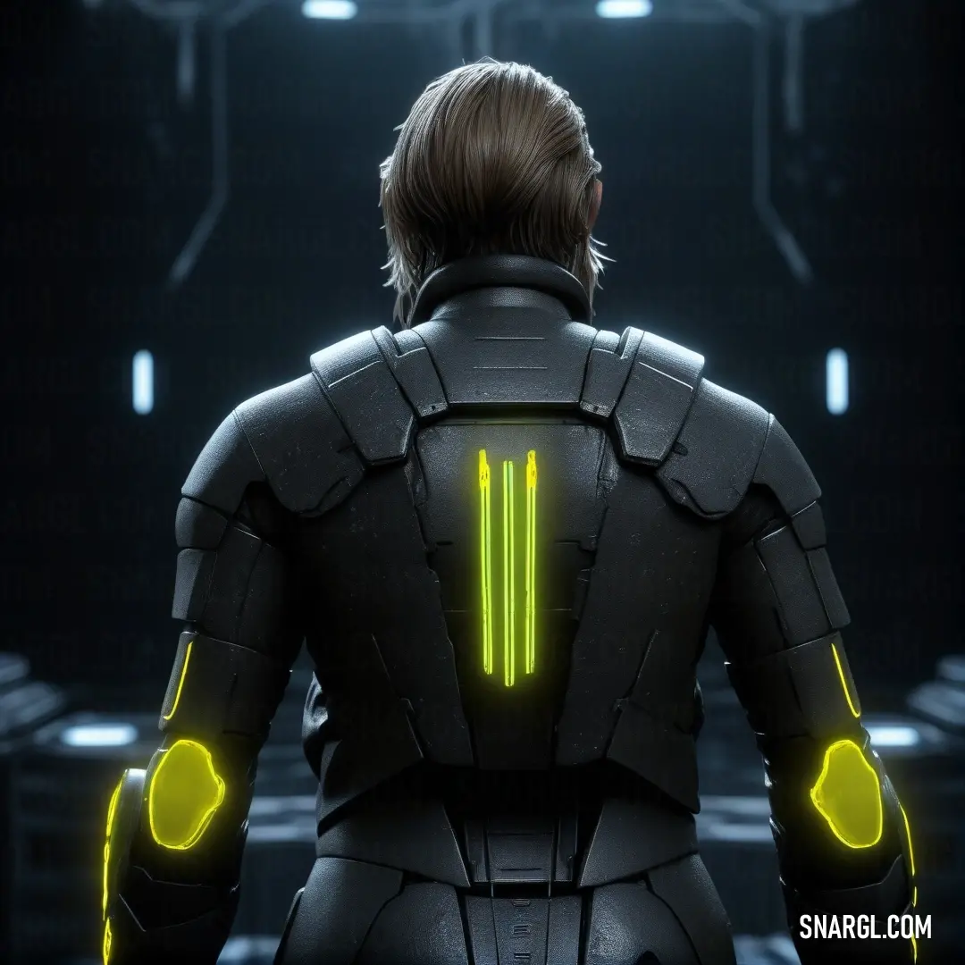 A man in a futuristic suit glows with neon yellow accents on his arms and chest, the lights casting dramatic shadows on his sleek silhouette. His suit's colors include a vibrant yellow and sharp green (#8DB600), emphasizing his modern look.