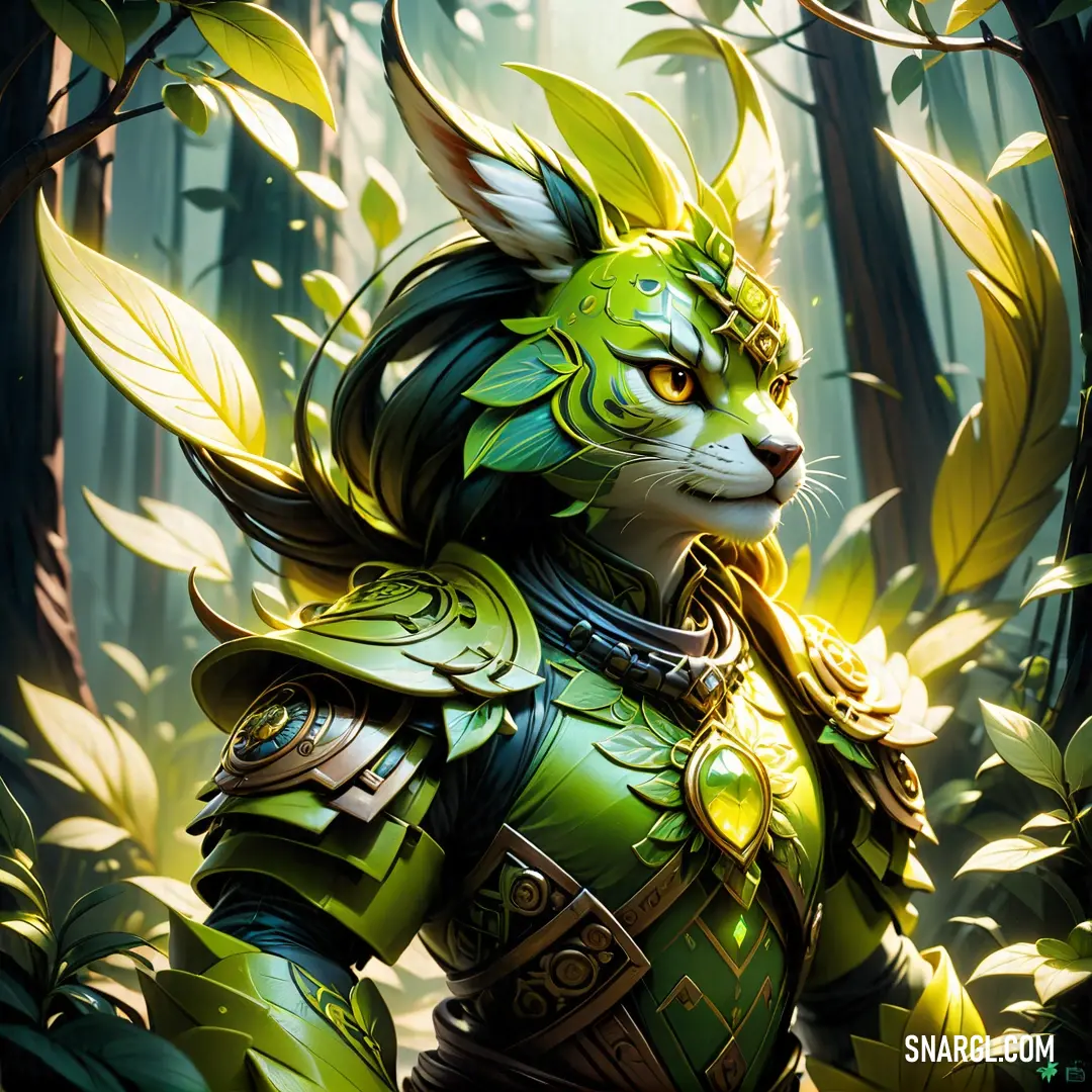 A painting of a striking green fox adorned with leaves on its back, standing majestically in a forest filled with rich foliage. The deep green hues reflect the serene and wild beauty of the natural world.