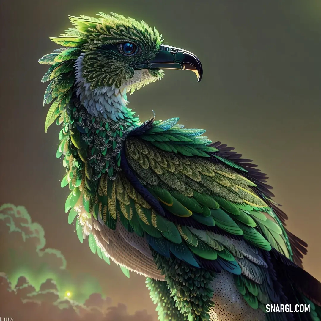 Bird with a green and black feathers and a sky background with clouds and a green and white bird