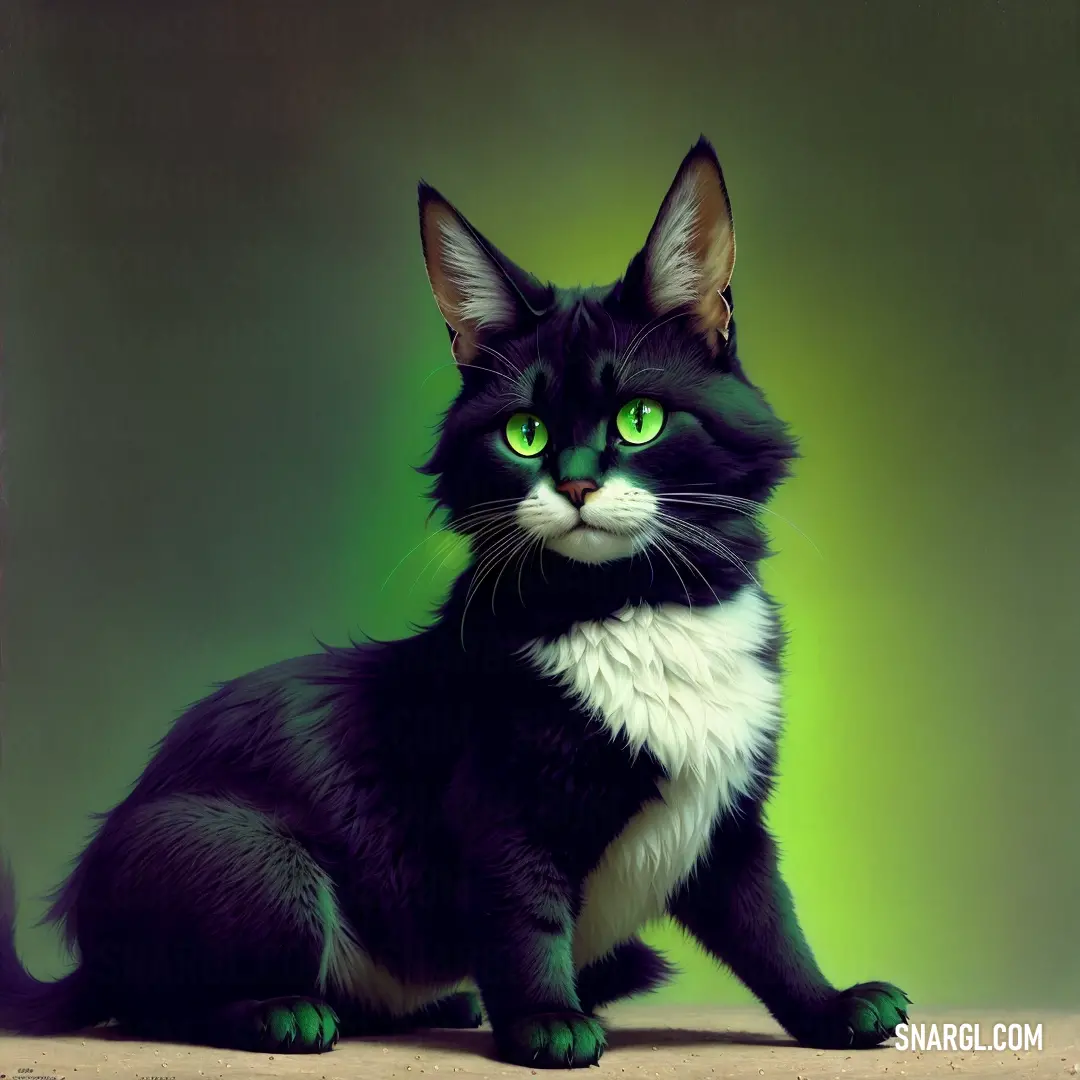 Black and white cat with green eyes down on a table with a green background