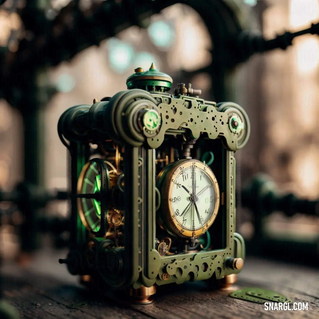 Clock that is on a table with a green light on it's side