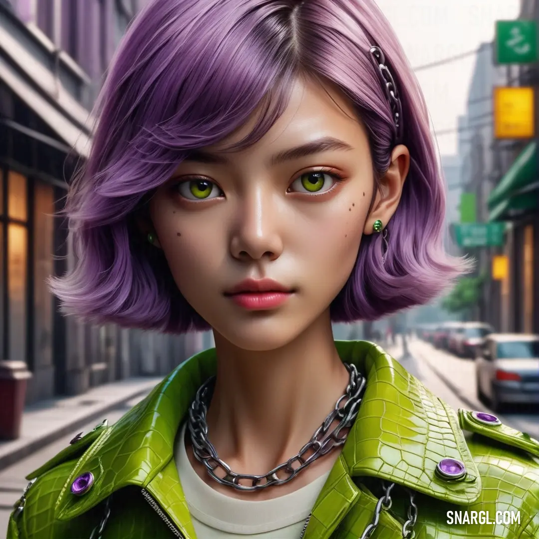 Digital painting of a woman with purple hair and green eyes wearing a green jacket and chain necklace and earrings