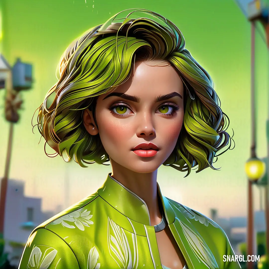 Digital painting of a woman with green hair and green eyes and a green jacket on a city street. Color CMYK 23,0,100,29.