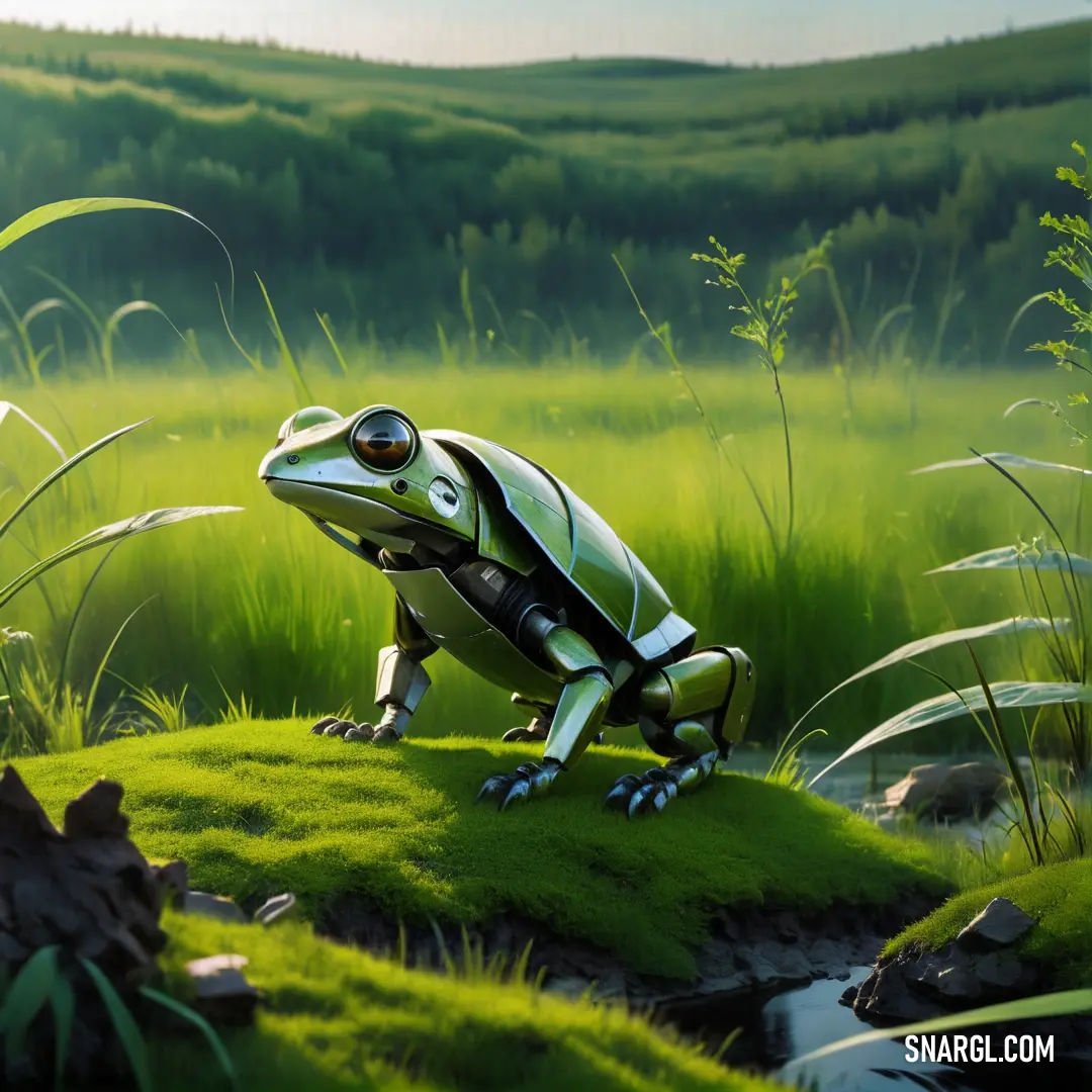 Frog on top of a lush green field next to a river and grass covered hillside with trees. Example of RGB 141,182,0 color.