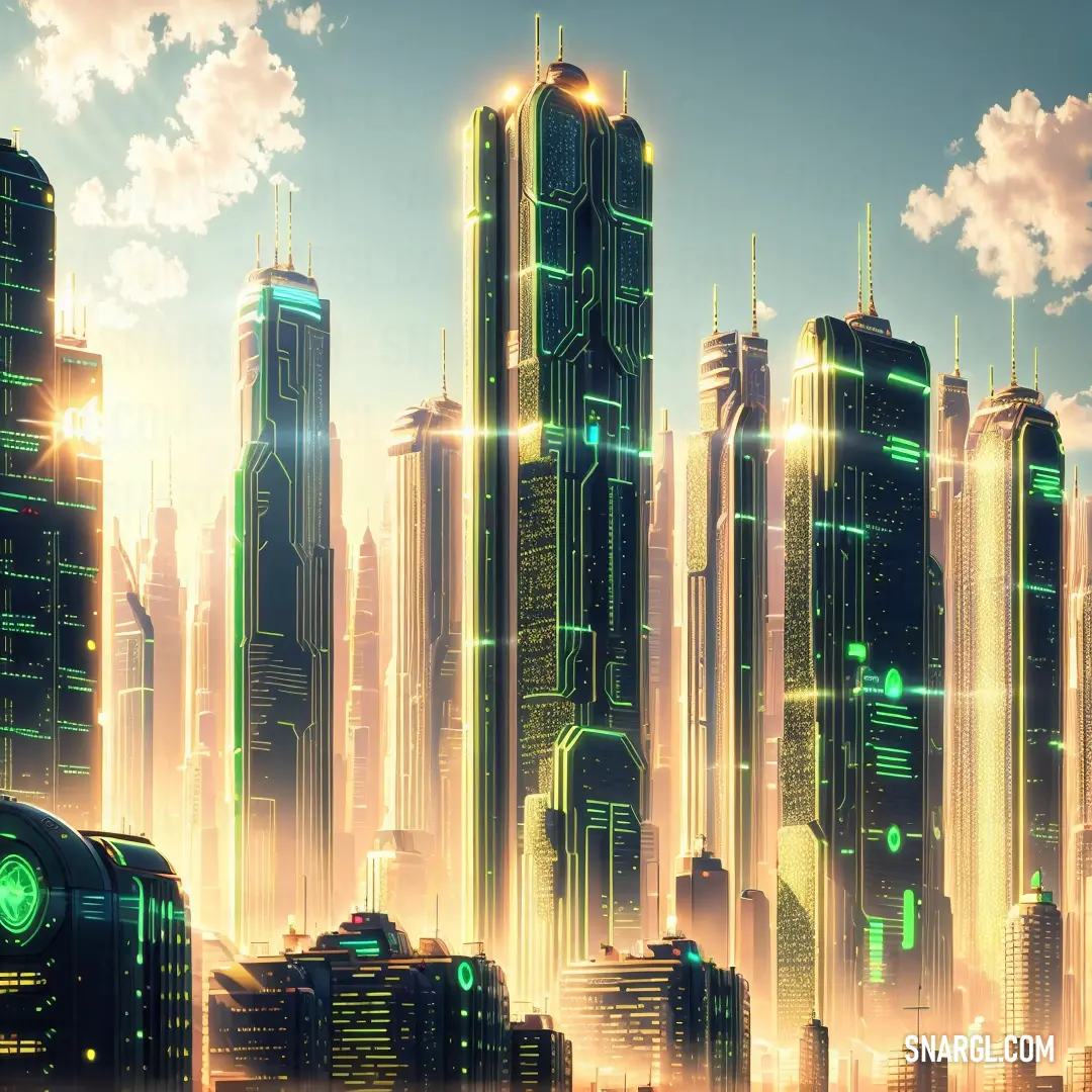 Futuristic city with a futuristic clock tower in the middle of the city at sunset or dawn with a green glow