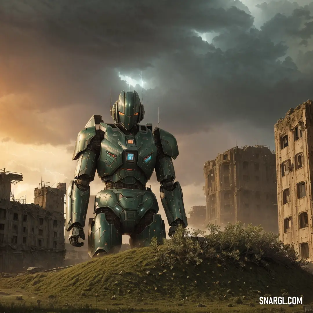 Giant robot standing on top of a lush green field next to a tall building under a cloudy sky
