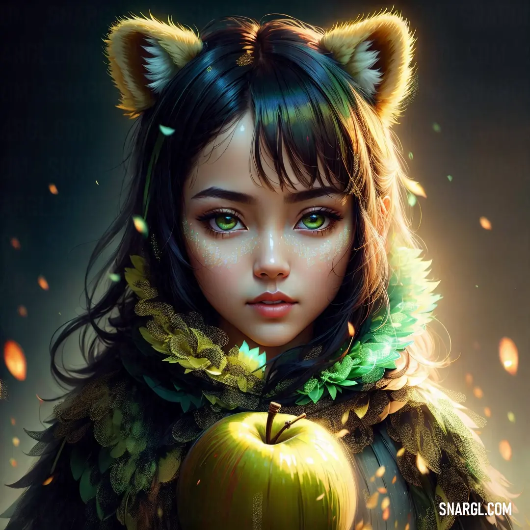 Girl with a cat ears holding an apple in her hand