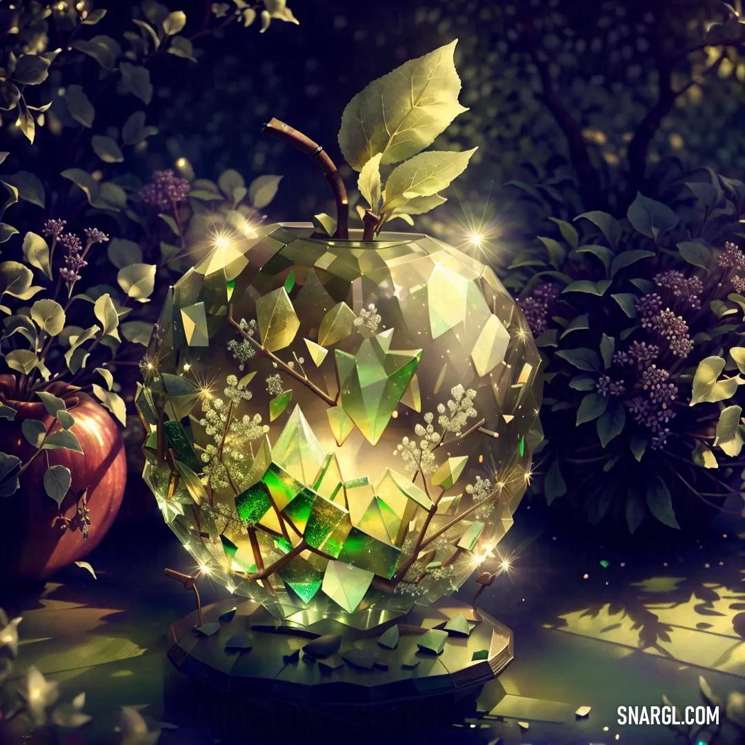 Glass apple on top of a table next to a tree and a vase with flowers on it