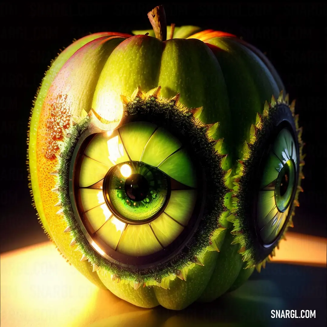 Green apple with a large eyeball inside of it's center piece