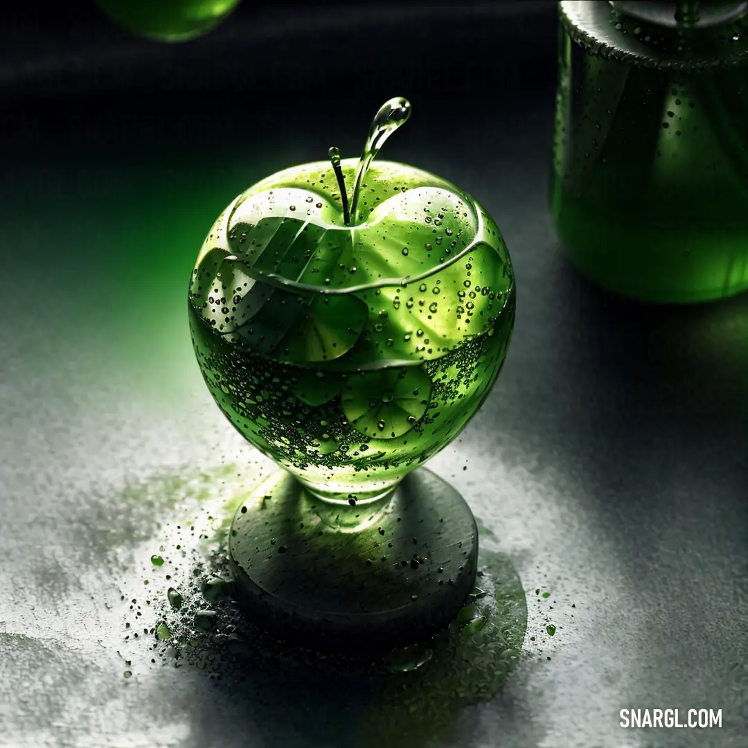 Green apple with a leaf in it on a table next to two bottles of water