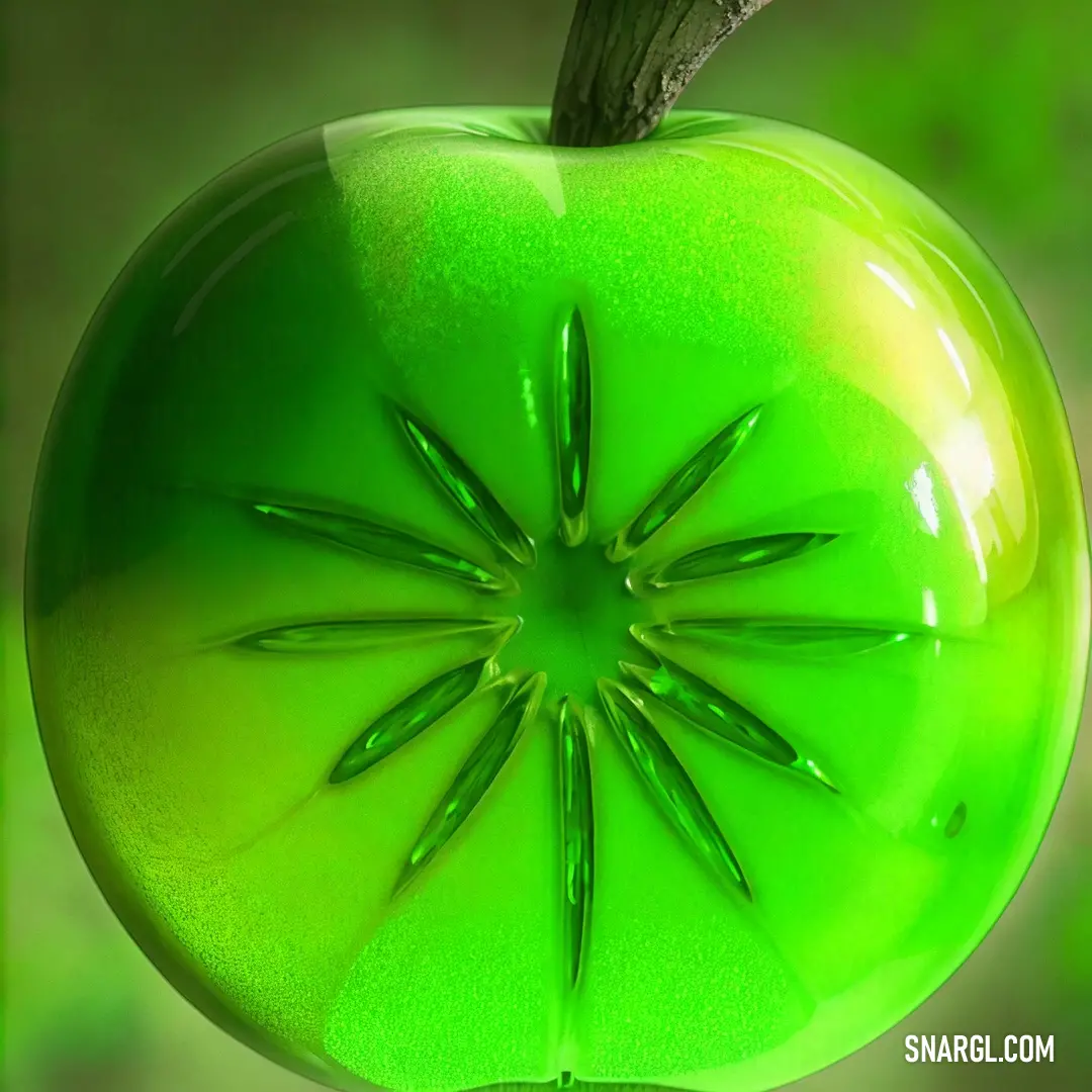 Green apple with a leaf sticking out of it's center and a green background