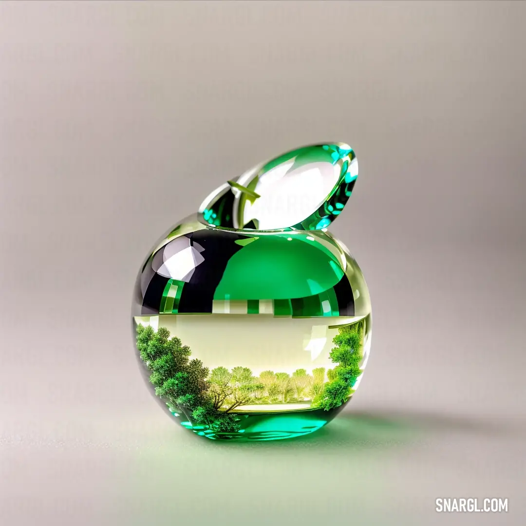 Green apple with a reflection of a forest in it's glass bowl on a table top with a gray background