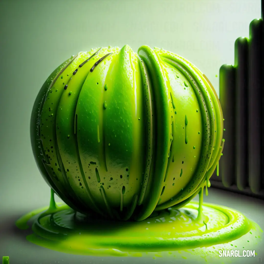 Green ball of liquid on top of a table next to a radiator and a radiator. Color Apple green.