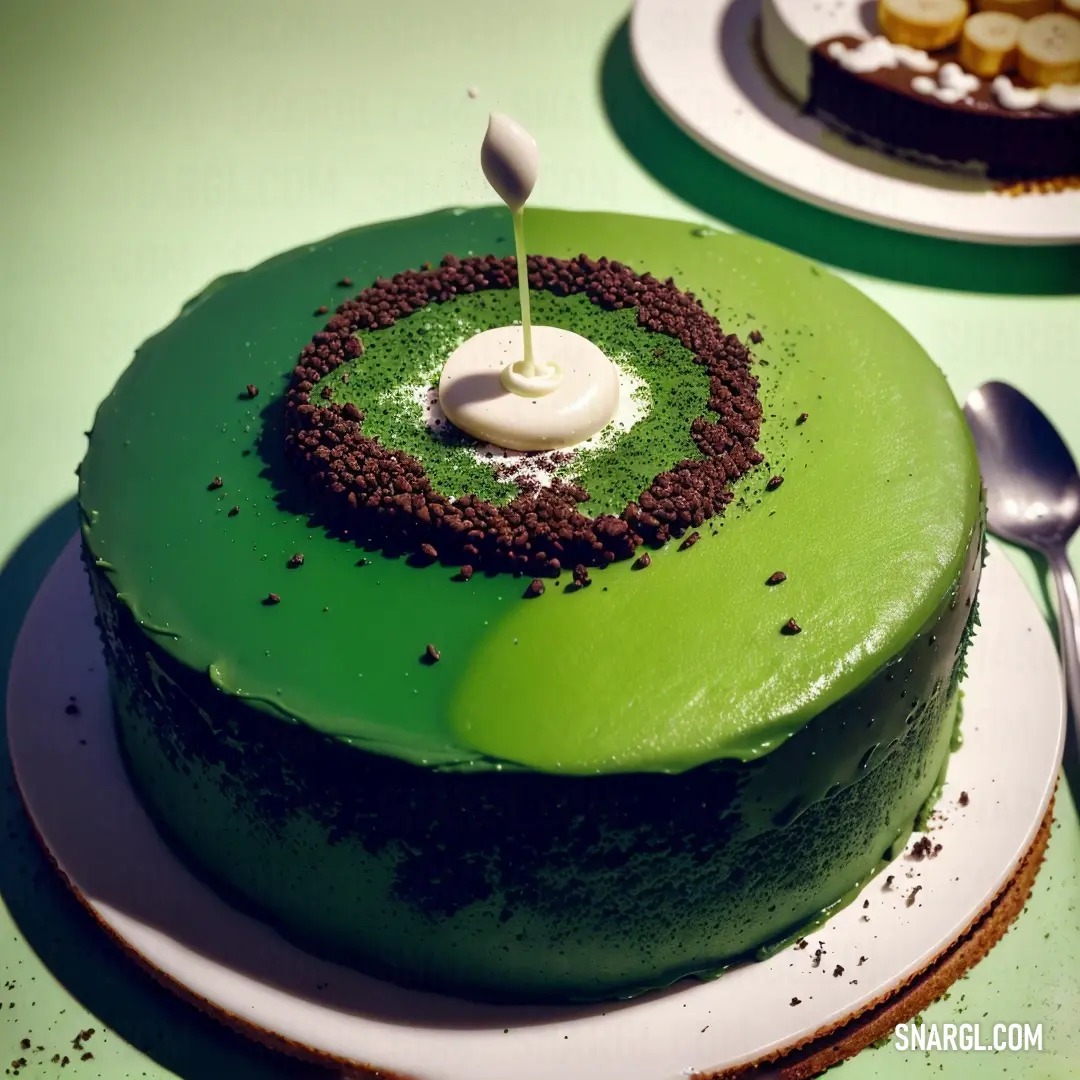Green cake with a white candle on top of it and a spoon on the side of the cake. Color Apple green.