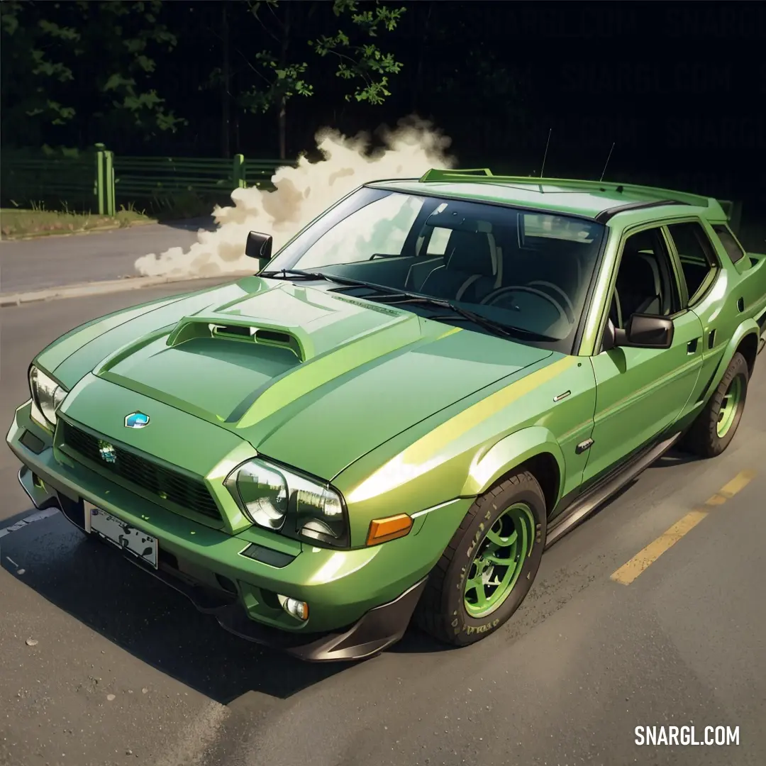 Green car with a lot of smoke coming out of it's hood