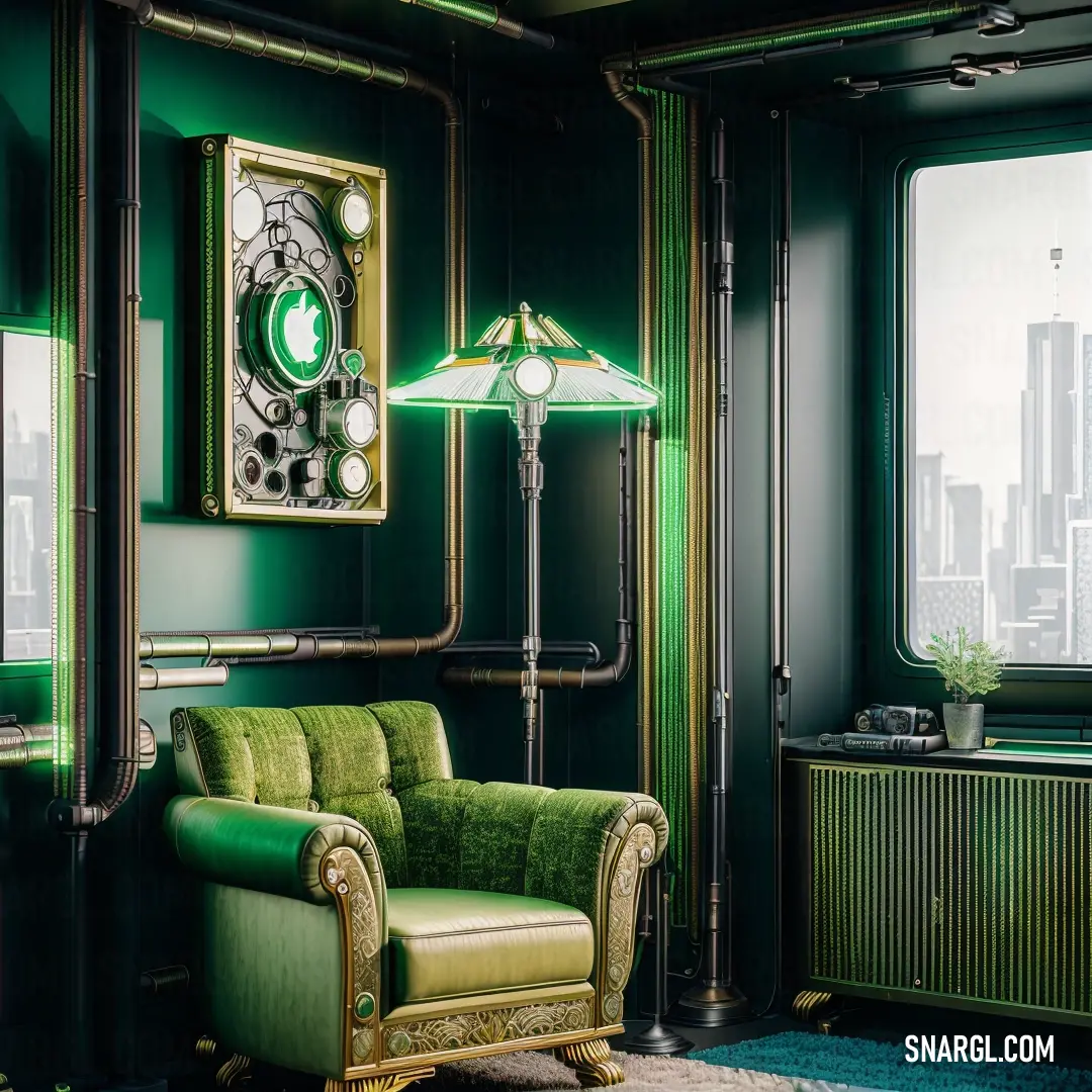 Green chair and a lamp in a room with a window and a large window sill with a city view