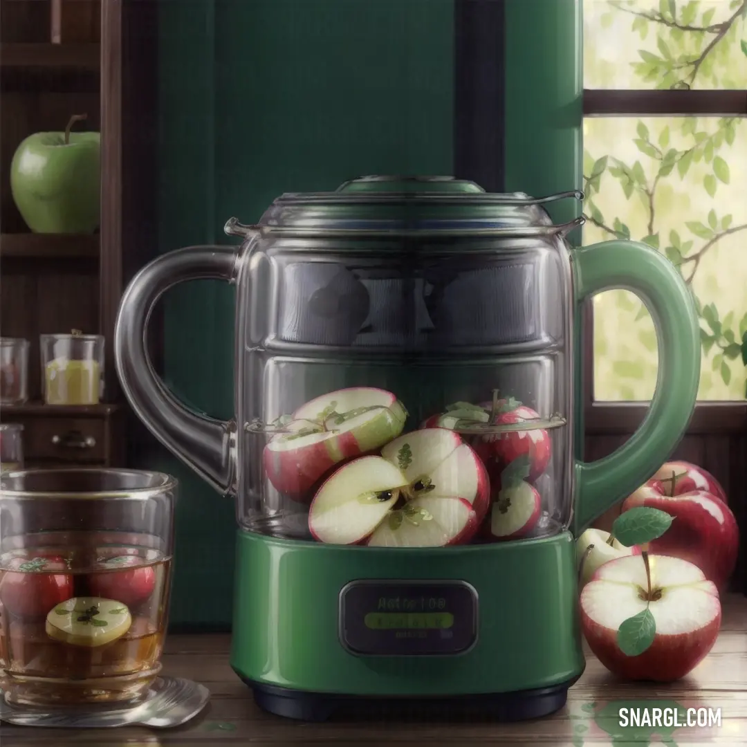 Green coffee pot filled with apples next to a glass of water and a cup of tea on a table