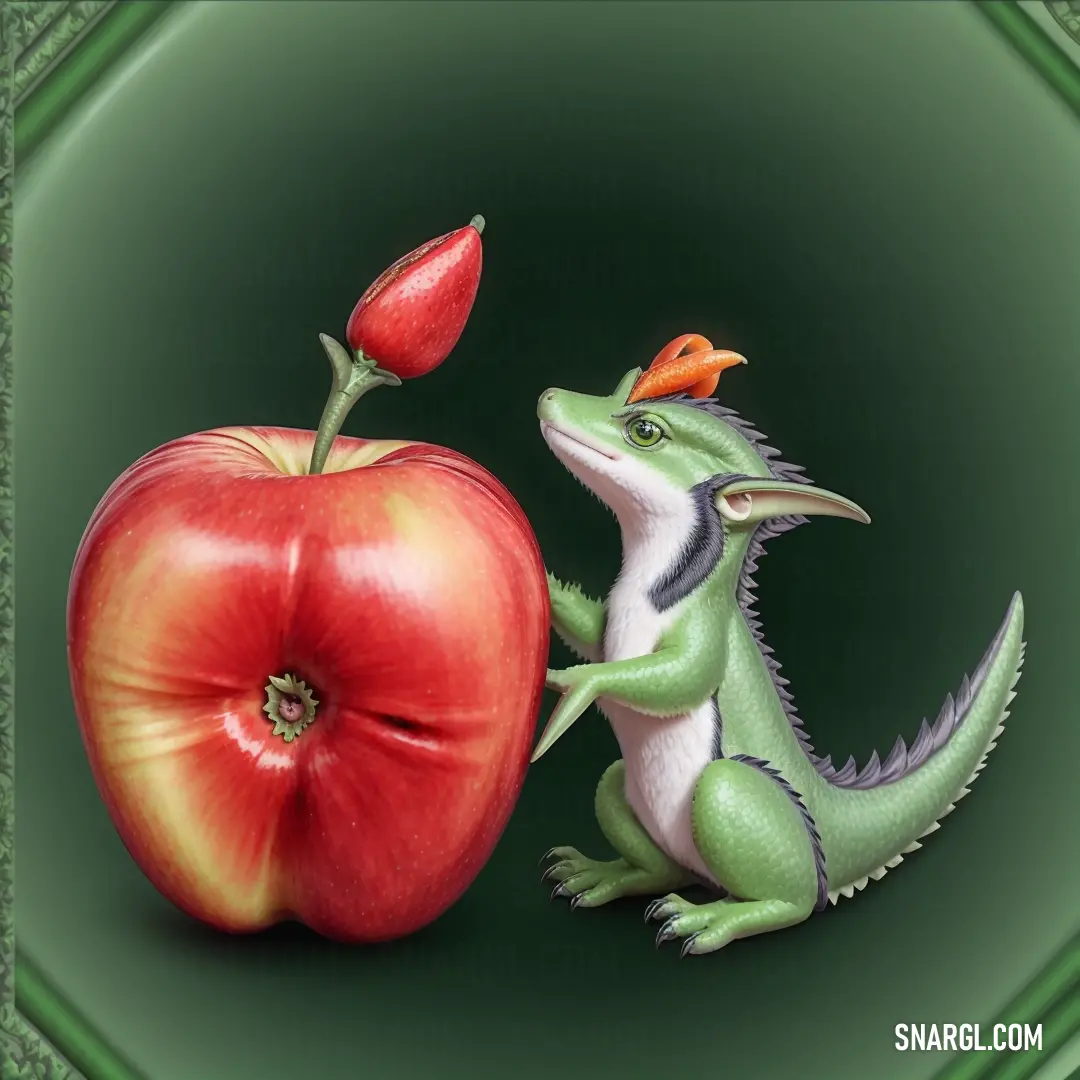 Green dragon and a red apple on a green background with a green border around it