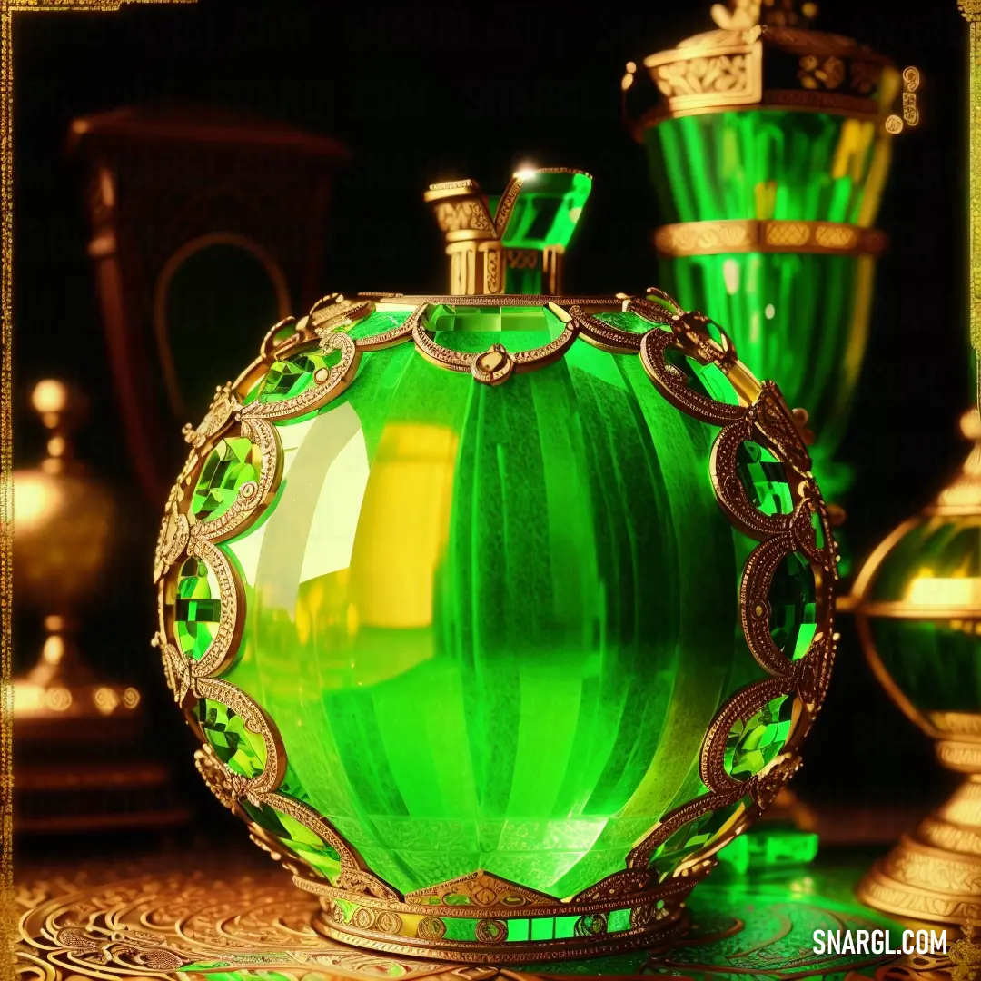 Green glass bottle with a gold trim around it and a crown on top of it