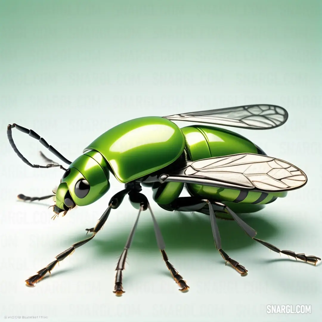 A unique green insect with a white head and black legs rests on a green background. The contrasting colors of the insect against its surroundings are highlighted with CMYK 23,0,100,29, giving the scene a fresh and natural look.