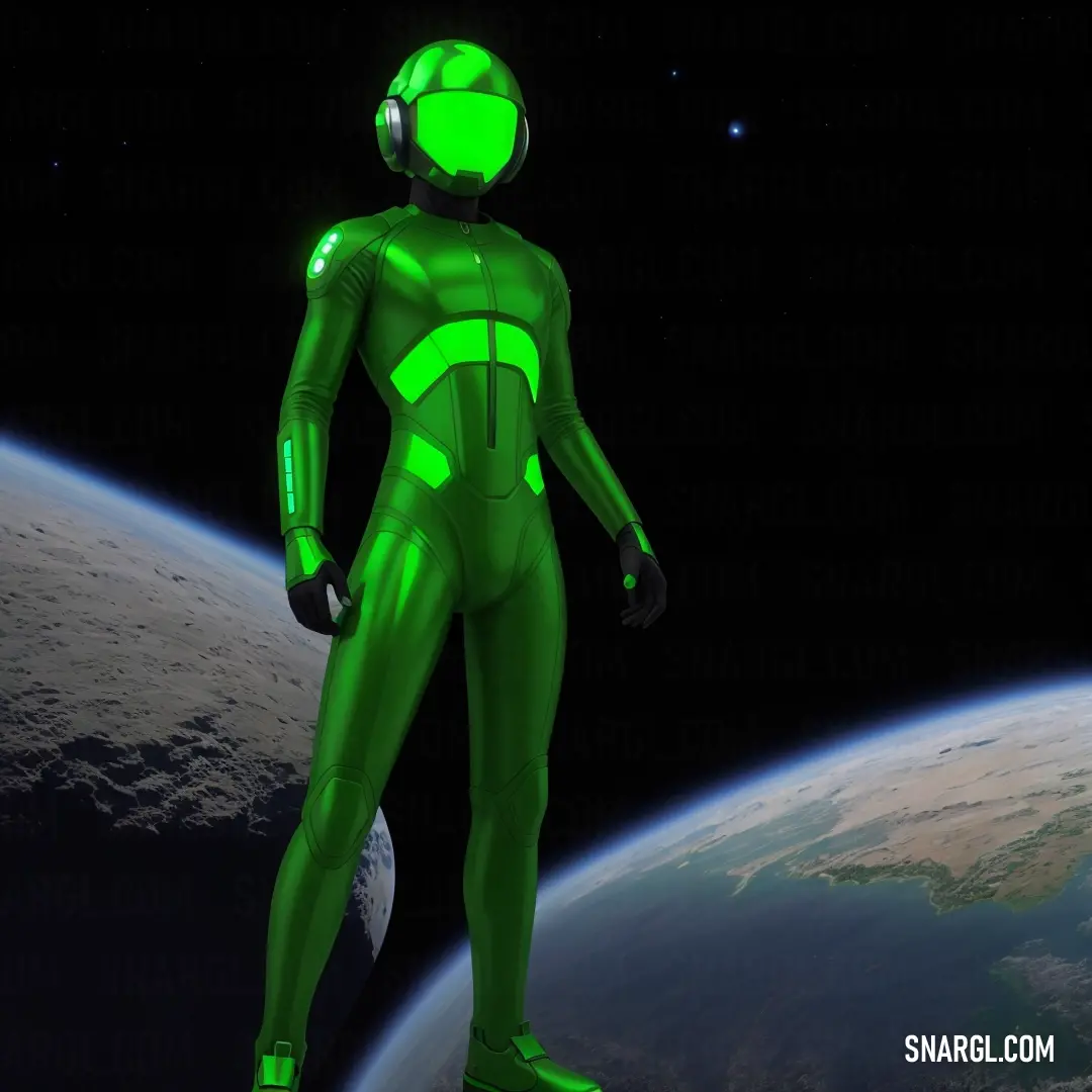Green man in a space suit standing in front of a planet with a moon in the background and a star in the sky