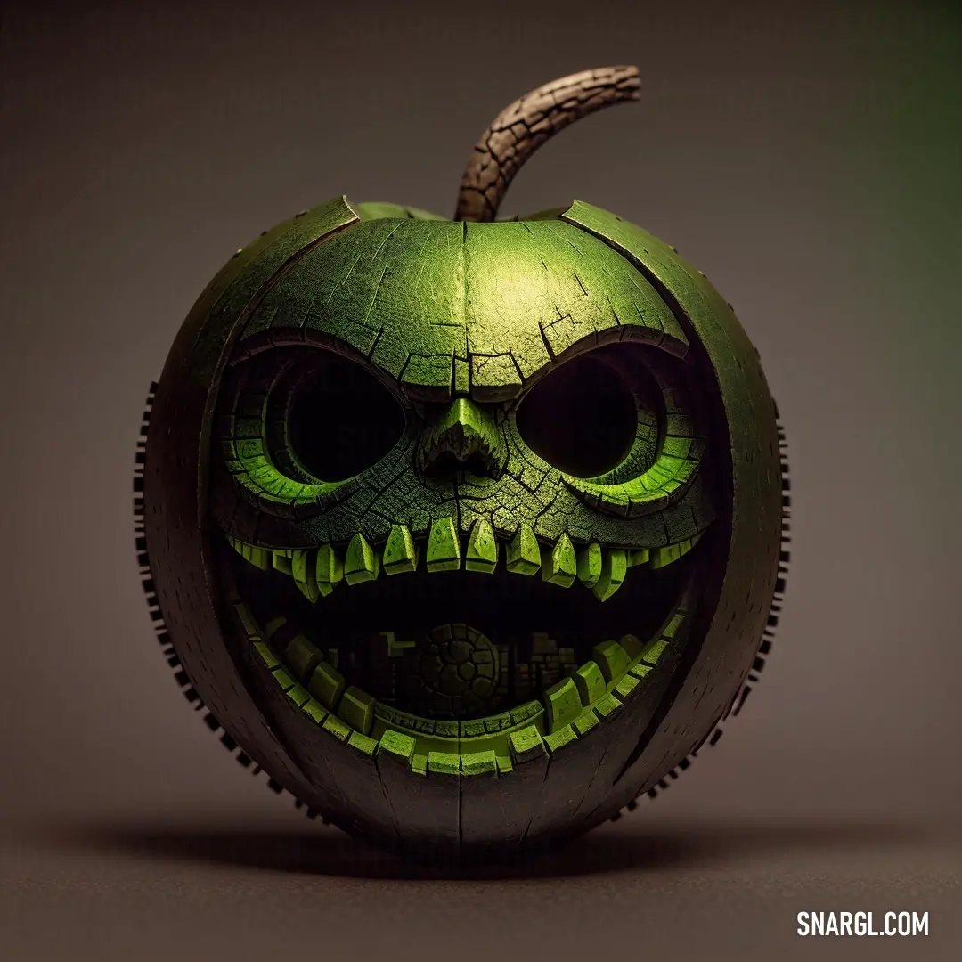 Green pumpkin with a creepy face on it's face and a toothpick in the mouth