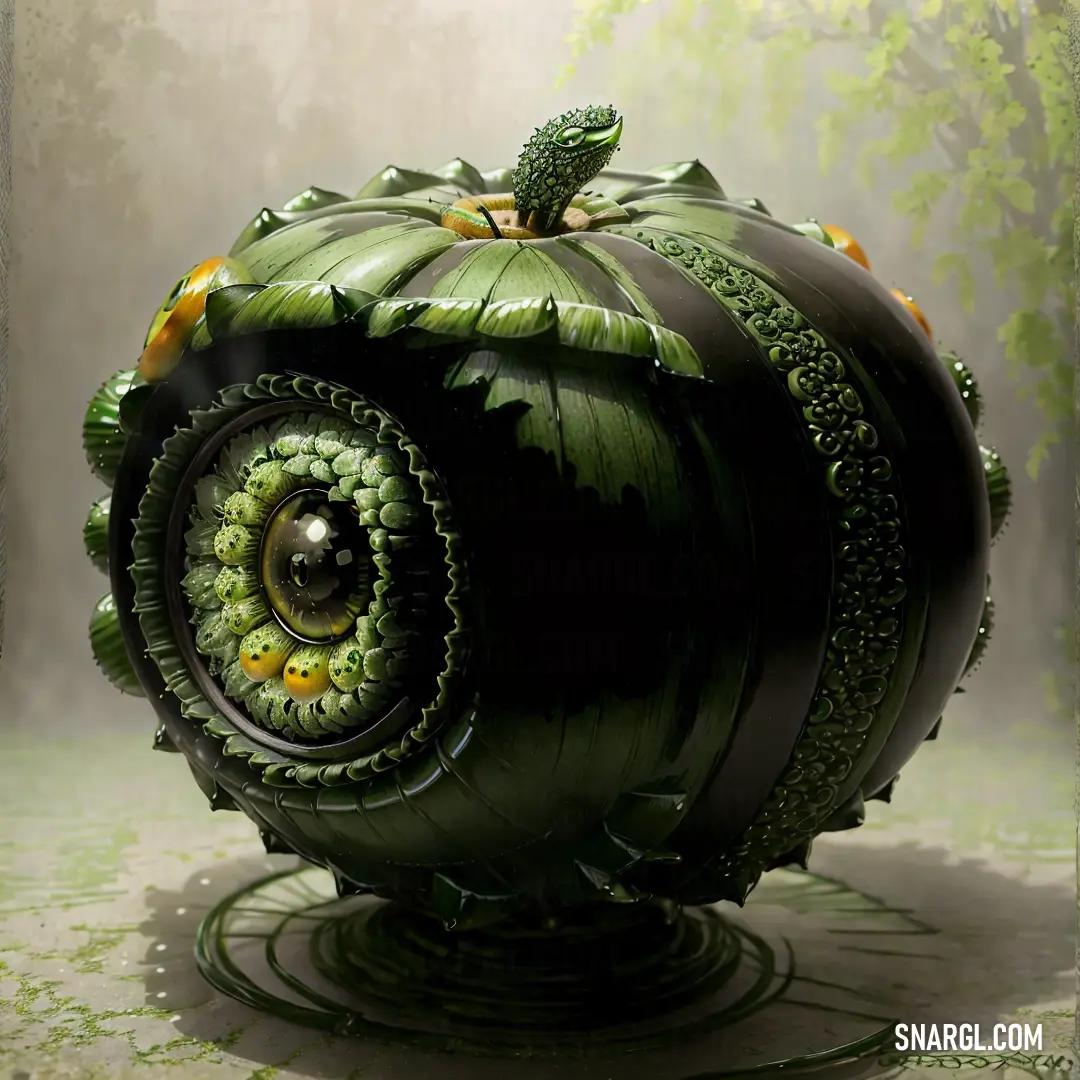 Green sculpture with a large eyeball in the center of it's body and a leafy design on the outside of it